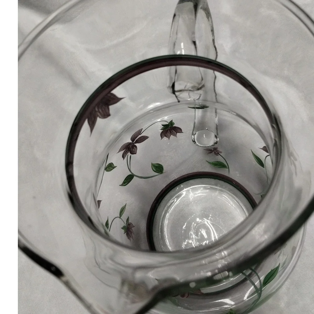 Vintage Hand Painted Glass Pitcher Floral Vine Pattern‎ Clear Glass Carafe